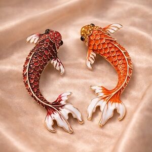 Koi Fish Maroon Red &Orange Gold Enamel Brooch Set– Symbol of Luck & Prosperity